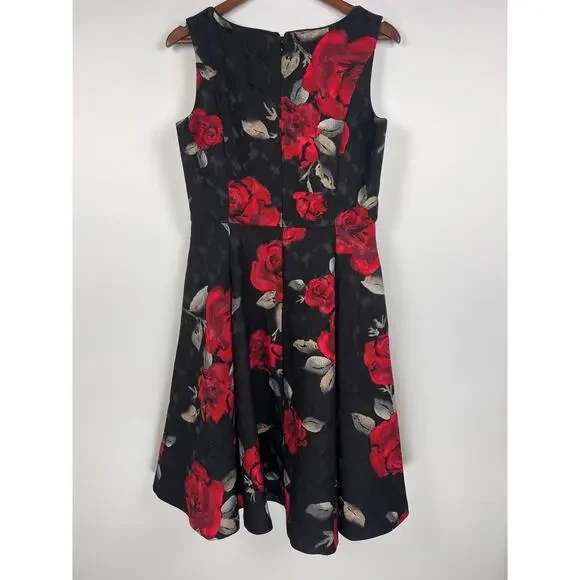 White House Black Market Black Red Rose Fit & Flare Floral Coktail Dress 10 - Picture 3 of 11